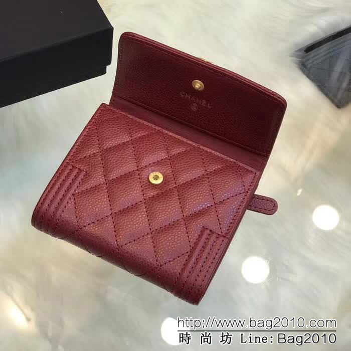 CHANEL香奈兒 新款leboy短三折錢包 荔枝牛皮綾格紋 復古金扣 80734  DJC3159